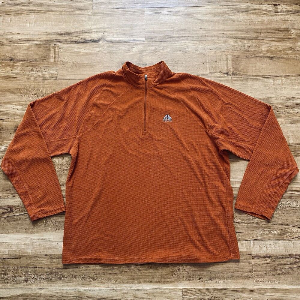 VTG NIKE ACG Triangle L Orange 1/4 Zip Pullover Waffle Knit Popover Sweater Y2K
